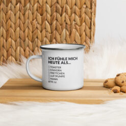 Camper-Tasse aus Emaille – ICH FÜHLE MICH HEUTE ALS FRAU