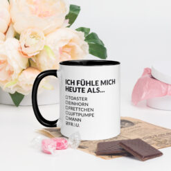 Bunte Tasse mit farbiger Innenseite – ICH FÜHLE MICH HEUTE ALS FRAU